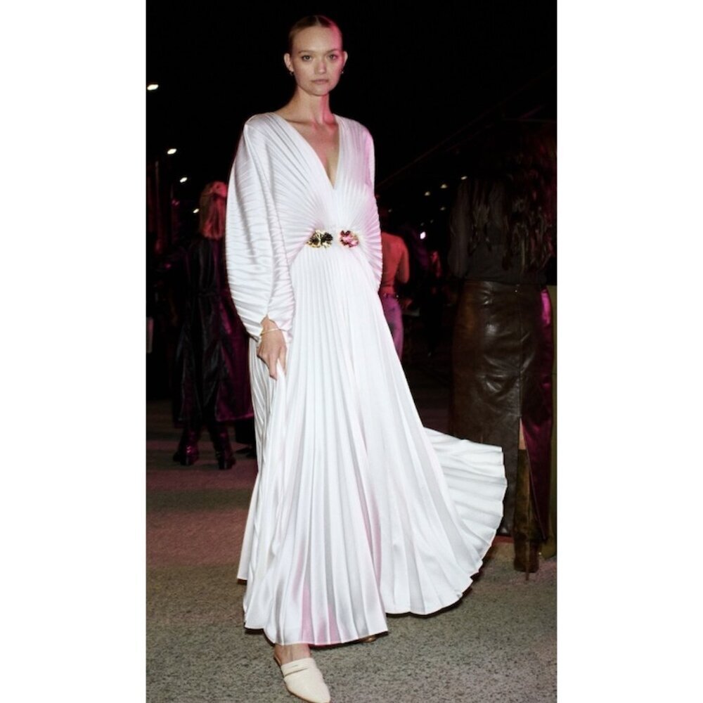 ACLER Wonastow Long Sleeve Pleated Satin Maxi Dress in Ivory Size US 4